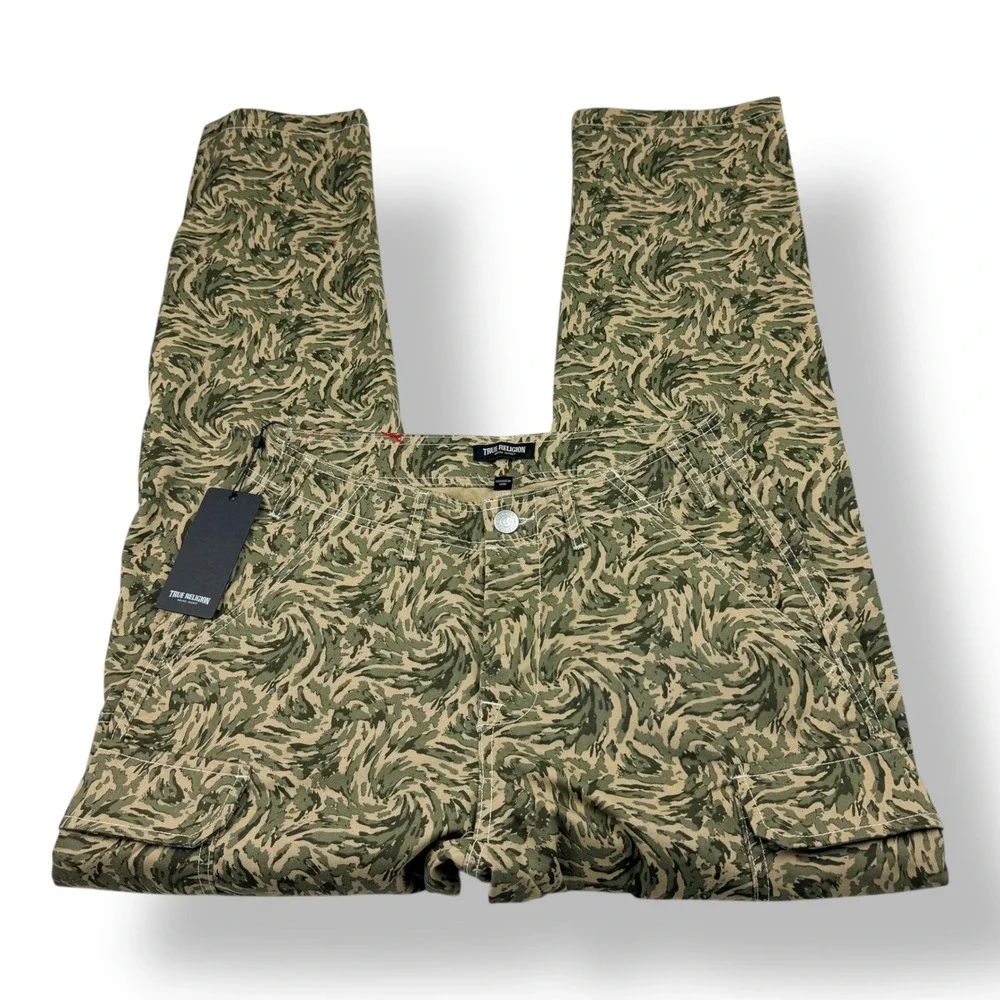 True Religion Mens Abstract Camo Cargo Pants 30x32 NWT Green Swirl 701122‎
